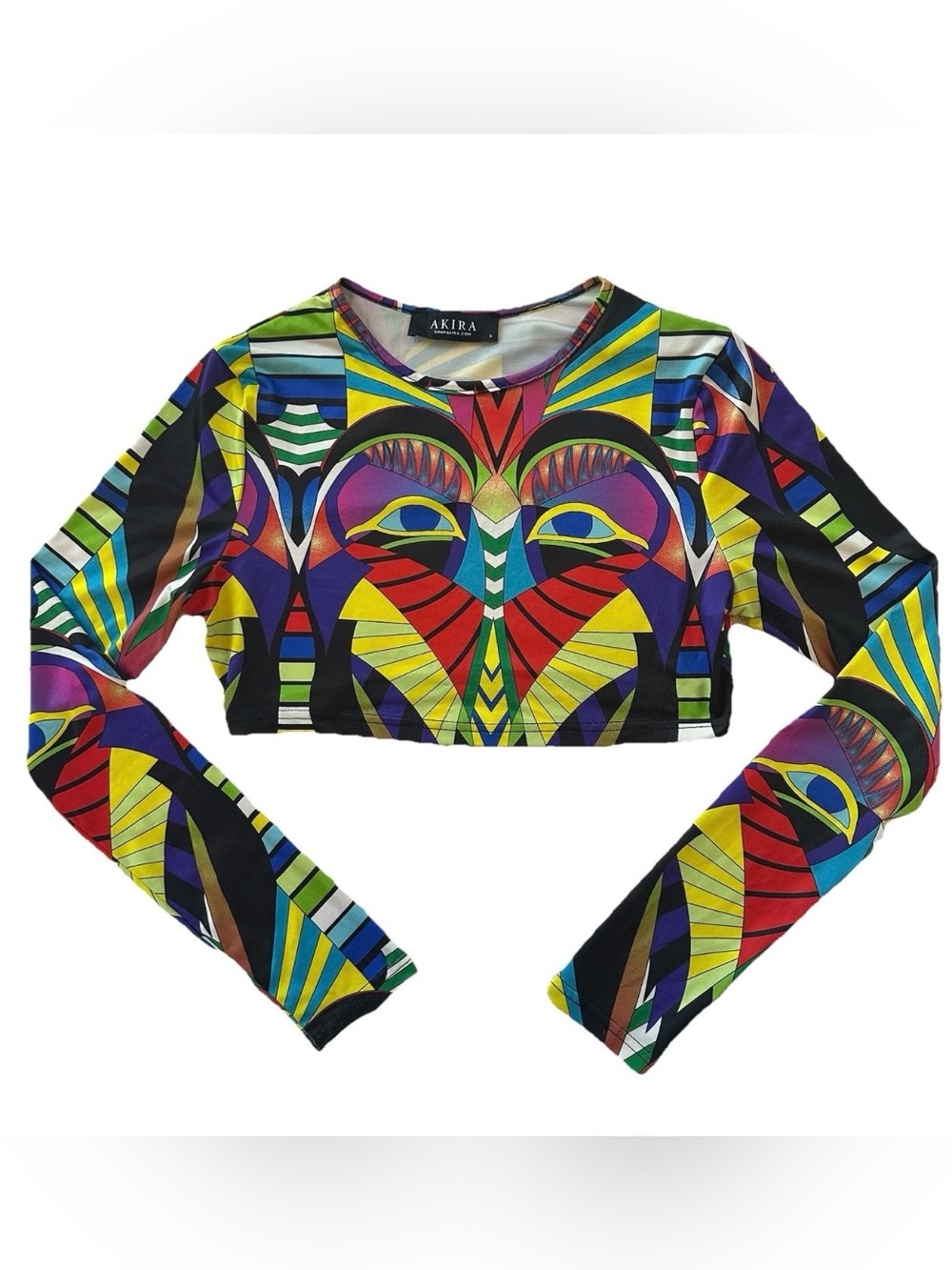 AKIRA Psychedelic Pop Art Eye Print Crop Top-S-Cyber Rave Abstract Geometric Y2K
